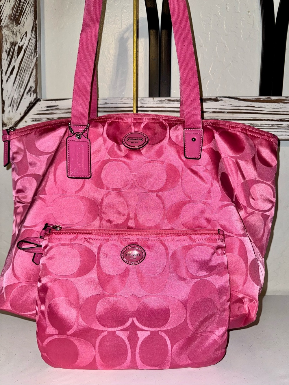 Coach Pink Signature Jacquard Tote and matching pouch - like new